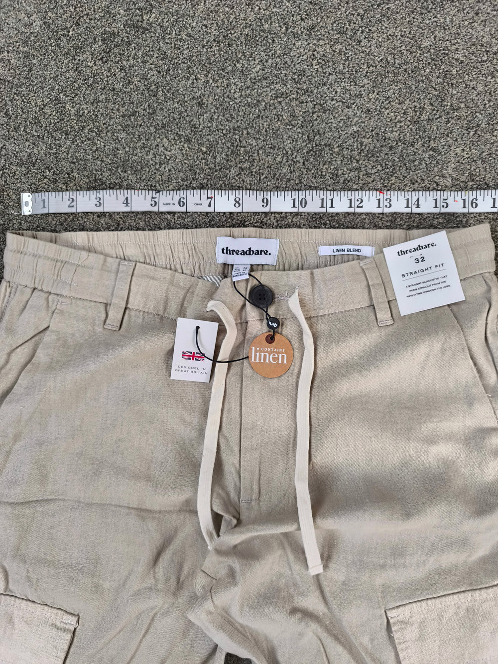 Threadbare Men's Linen Blend Cargo Trousers Beige Straight Fit  W32 BNWT
