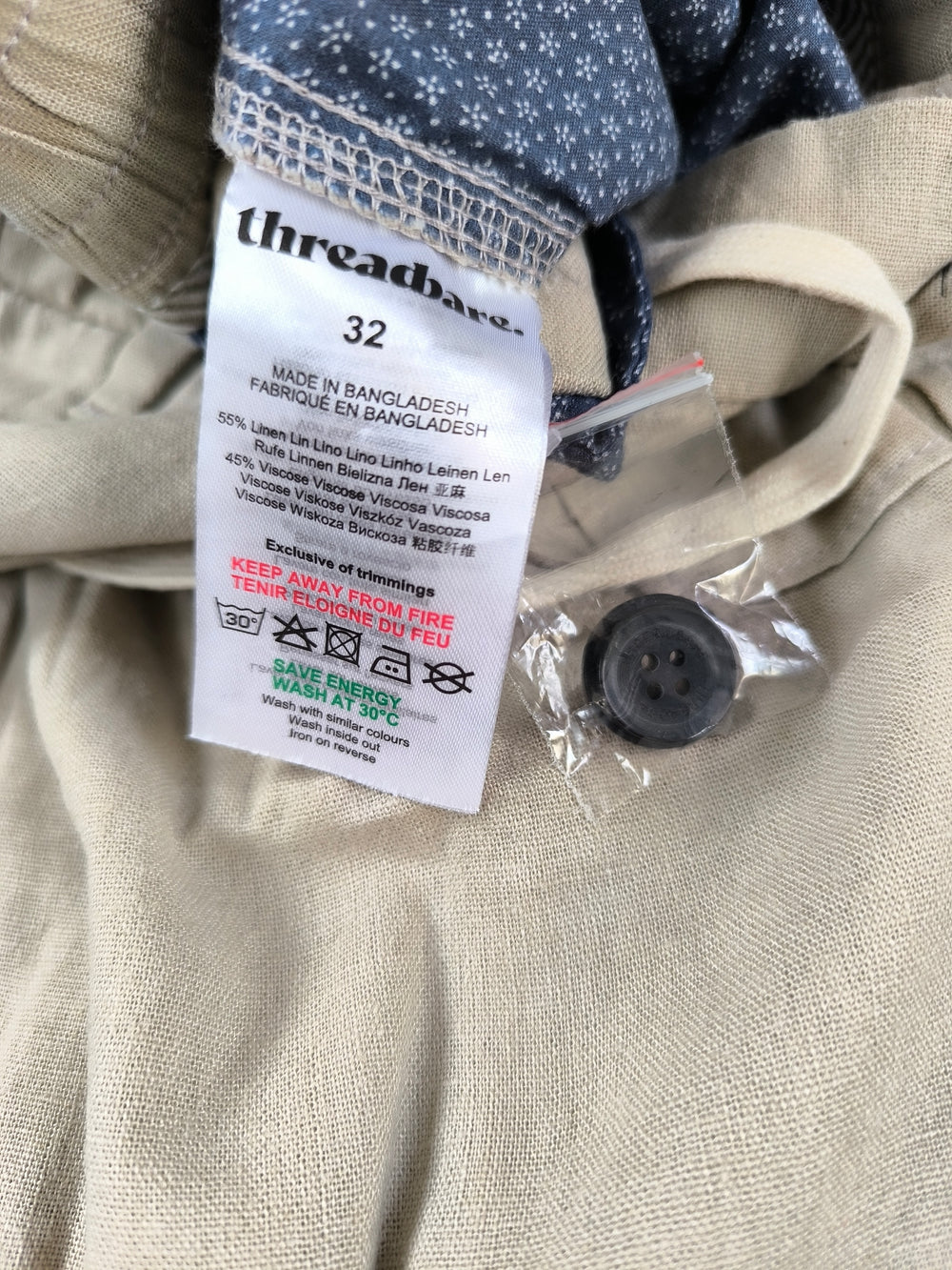 Threadbare Men's Linen Blend Cargo Trousers Beige Straight Fit  W32 BNWT