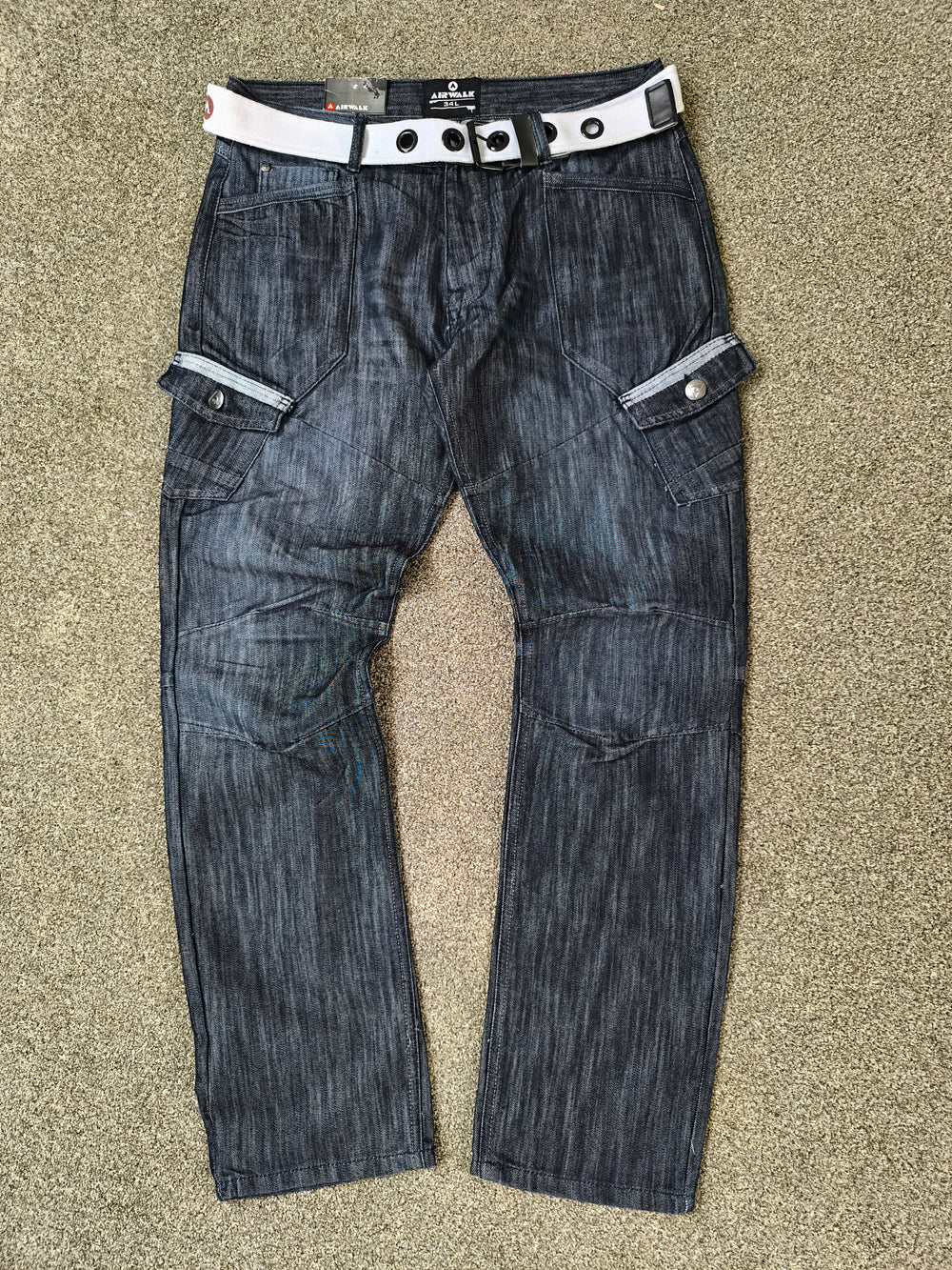 Airwalk Men's Straight Fit Cargo Jeans Dark Wash Blue/Black With White Belt 34W 34L Y2K Skater