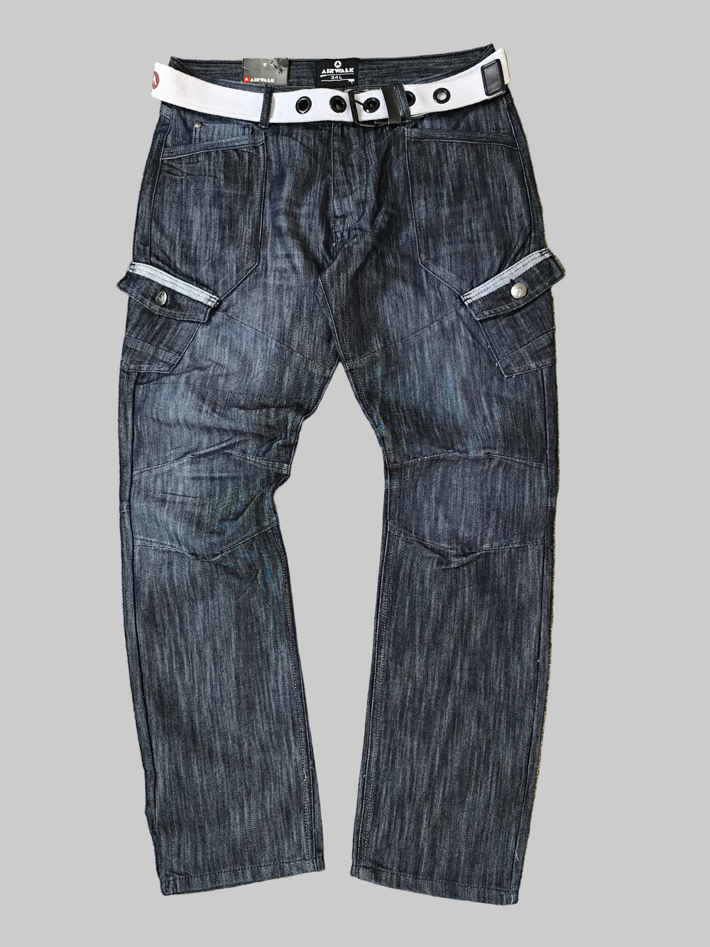 Airwalk Men's Straight Fit Cargo Jeans Dark Wash Blue/Black With White Belt 34W 34L Y2K Skater