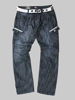 Airwalk Men's Straight Fit Cargo Jeans Dark Wash Blue/Black With White Belt 34W 34L Y2K Skater