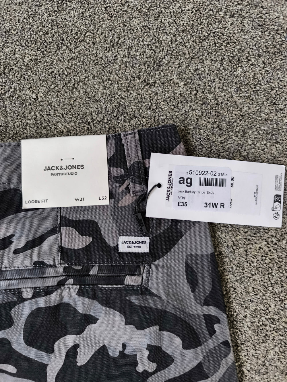 Jack & Jones Grey Camo Loose Fit Mens Cargo Pants - W31 L32 (New With Tags)