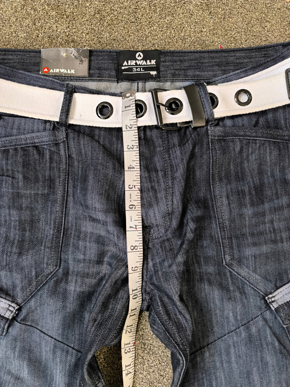 Airwalk Men's Straight Fit Cargo Jeans Dark Wash Blue/Black With White Belt 34W 34L Y2K Skater