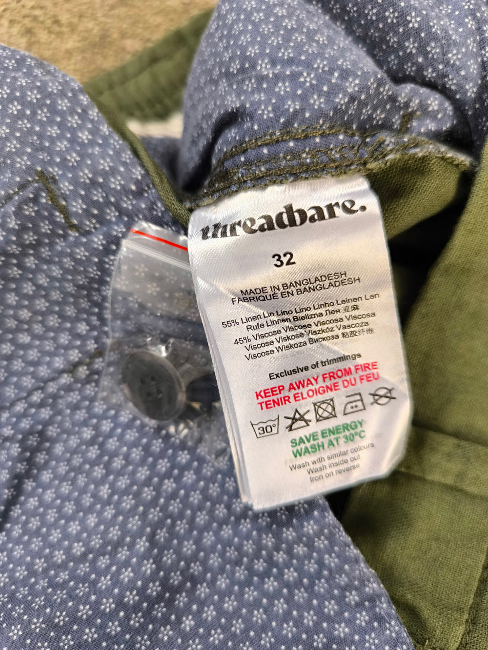 Threadbare Men’s Linen Blend Cargo Trousers – Khaki Green W32 Brand New With Minor Defect