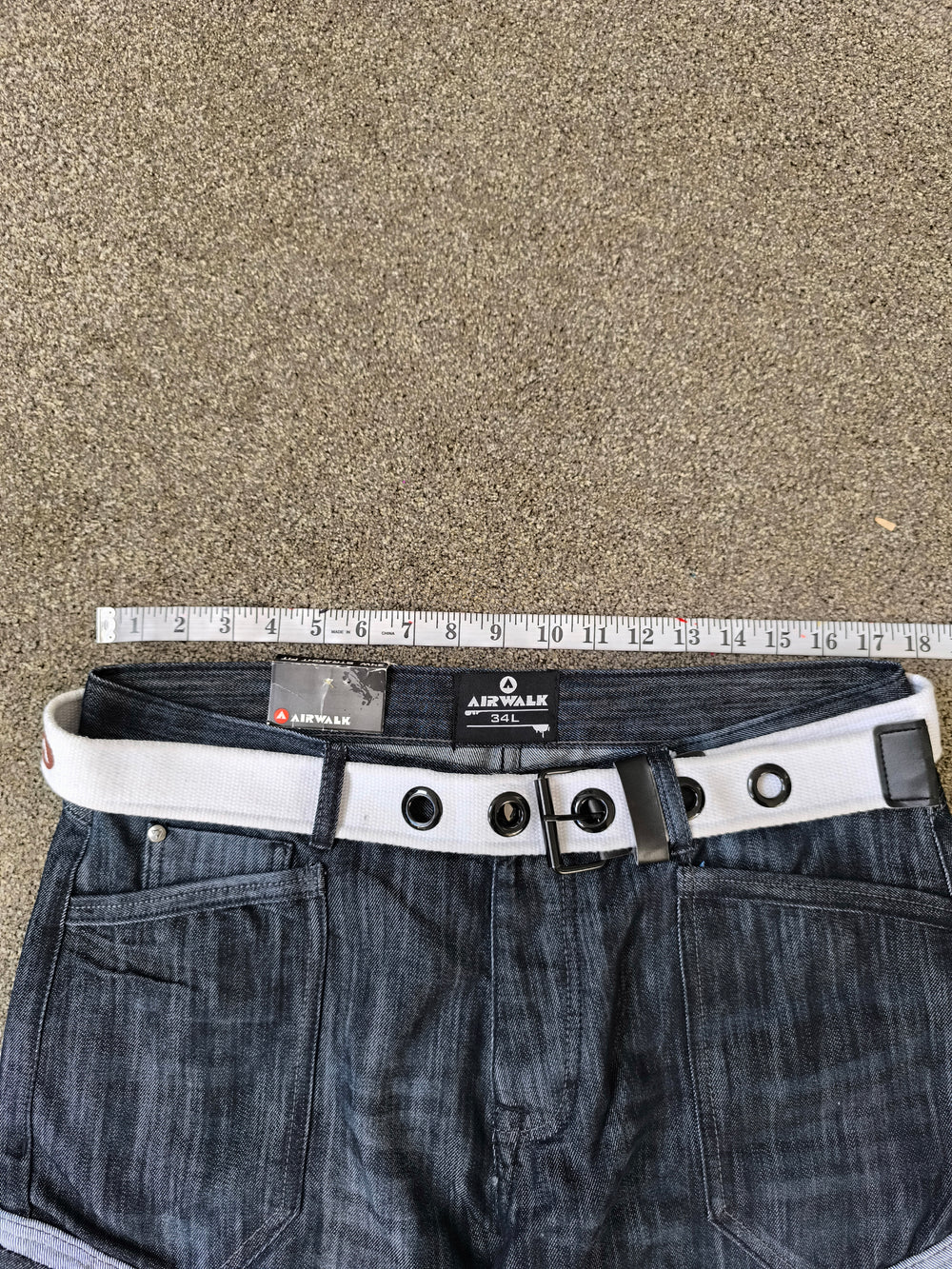 Airwalk Men's Straight Fit Cargo Jeans Dark Wash Blue/Black With White Belt 34W 34L Y2K Skater